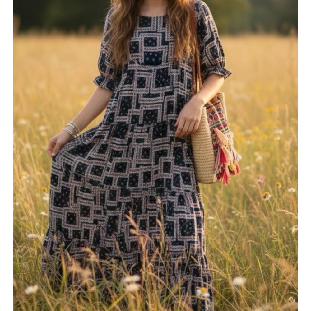 Natural Life Dress Womens Small Black Floral Tiered Maxi Boho Cottagecore S